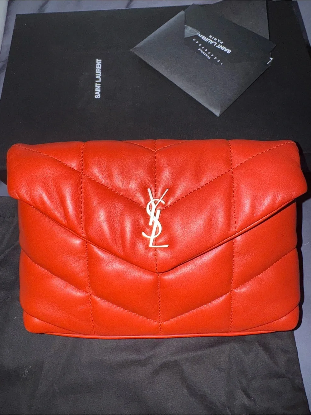Saint Laurent Lou Lou Quilted Red Leather Envelope Clutch with YSL Logo